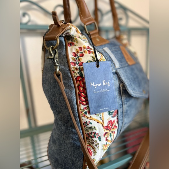 OBSESSED New Spring Floral Trend Denim Myra Bag Jean Tote satchel Frayed purse - Picture 10 of 14